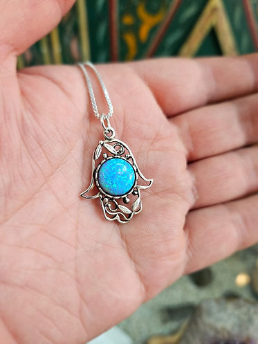 Silver Hamsa Pendant with Opal and Leaf Motif