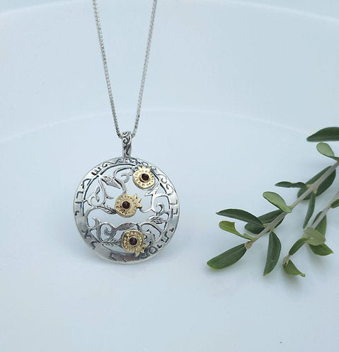 Silver and 14K Gold Pomegranate Pendant with Garnet Stones