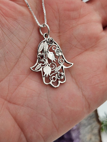 Silver Pomegranate Hamsa Set with Garnet Stones