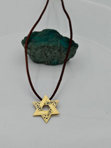 14K Gold Star of David with Leather Chain