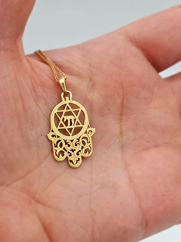Hamsa, Star of David, and Chai Pendant in 14K Gold