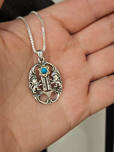 Sterling Silver and 14K Gold Pendant with Star of David, Lions, Tablets of the Covenant, and Turquoise Stone