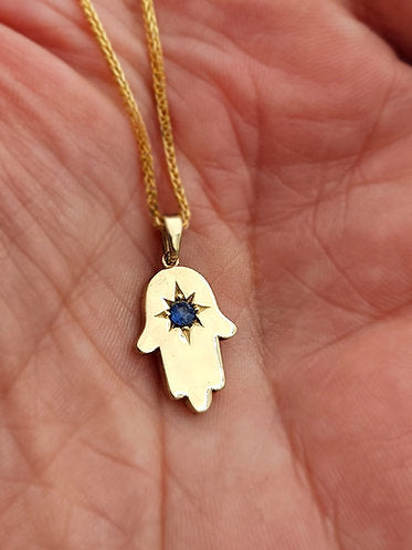 Gold Hamsa Pendant with Blue Sapphire
