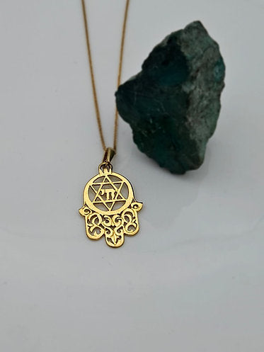 Hamsa, Star of David, and Chai Pendant in 14K Gold