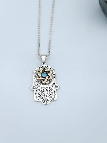 Hamsa Pendant in Silver with 14K Gold and Opal
