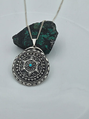 Star of David Pendant in Silver with Opal, Filigree Design