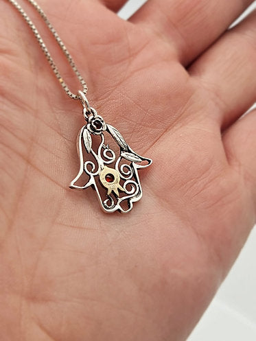 Hamsa with Pomegranates, Sterling Silver Combined with 14K Gold, Set with Garnet Stones