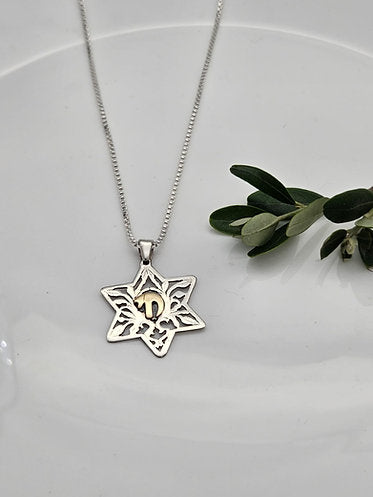 Star of David with Leaves and Chai, Sterling Silver with 14K Gold