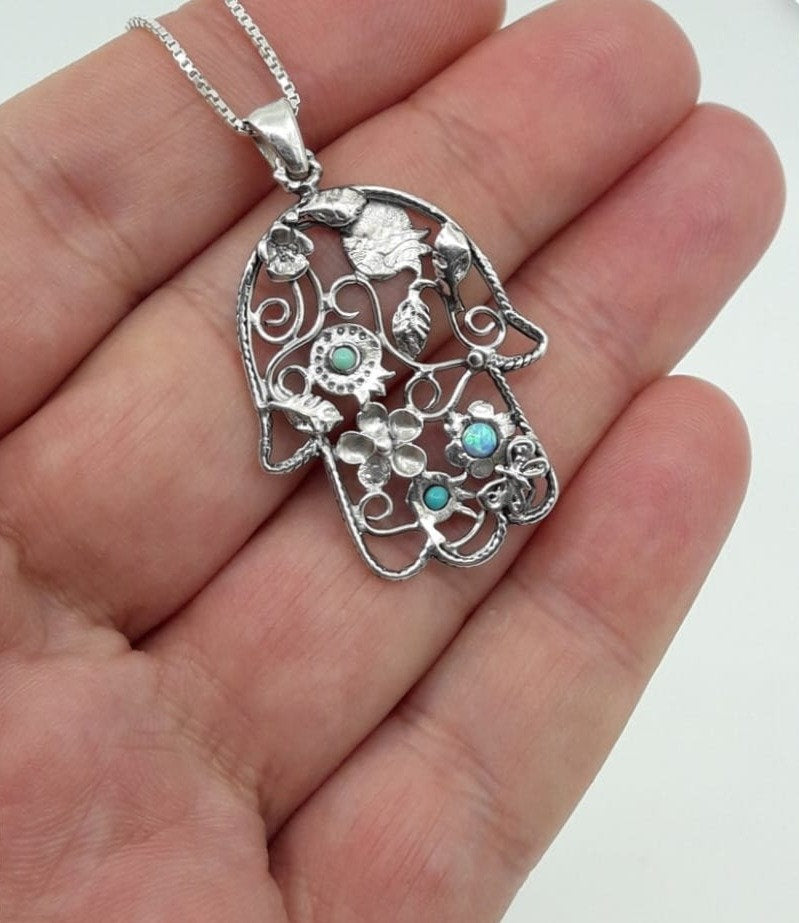 Sterling Silver Hamsa with Pomegranates, Flowers, and Opal Stones