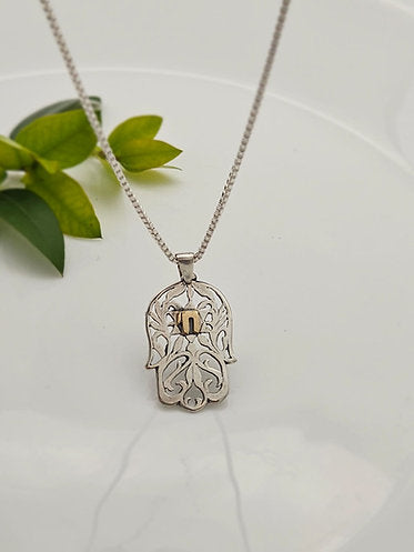 Hamsa with Star of David and Chai, Sterling Silver Combined with 14K Gold
