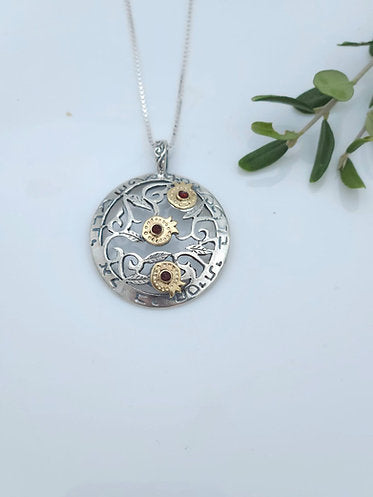 Silver and 14K Gold Pomegranate Pendant with Garnet Stones