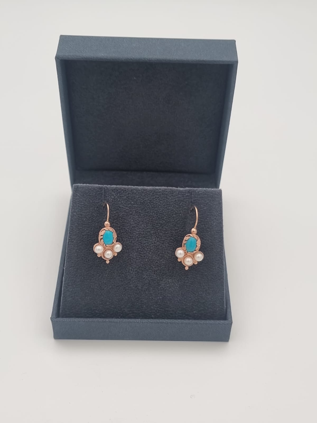 Antique-Style 14K Gold Earrings Set with Turquoise and Pearls