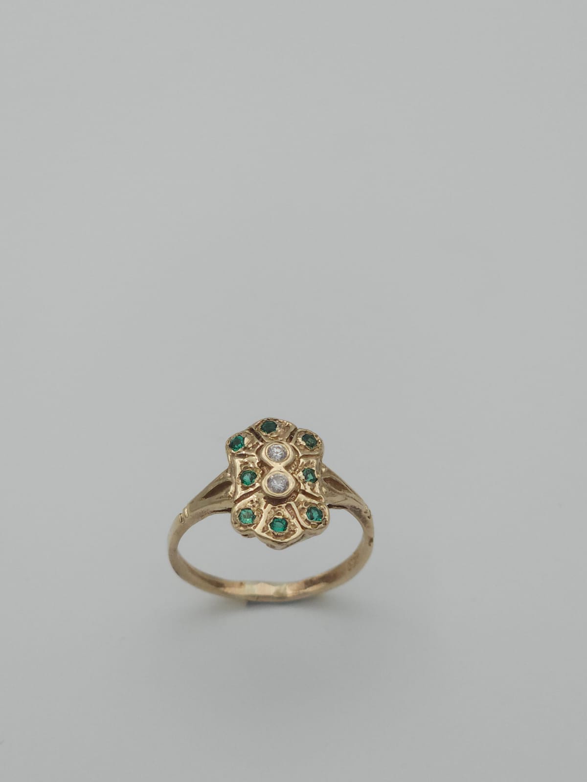 Antique-Style 14K Gold Ring Set with Emerald Stones and Two Diamonds