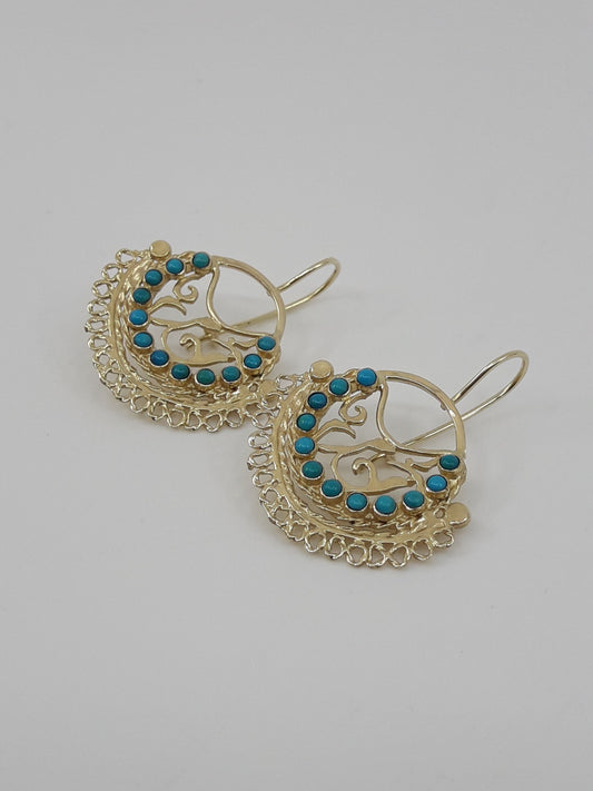 14K Gold Fan Earrings Set with 14 Turquoise Stones