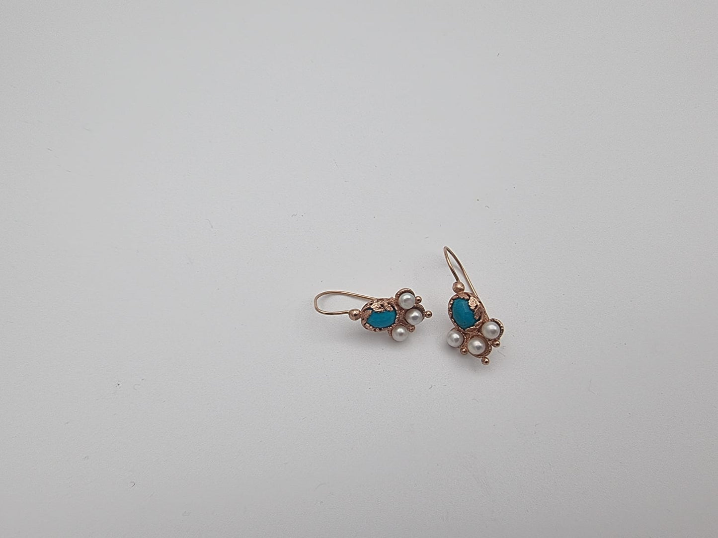 Antique-Style 14K Gold Earrings Set with Turquoise and Pearls
