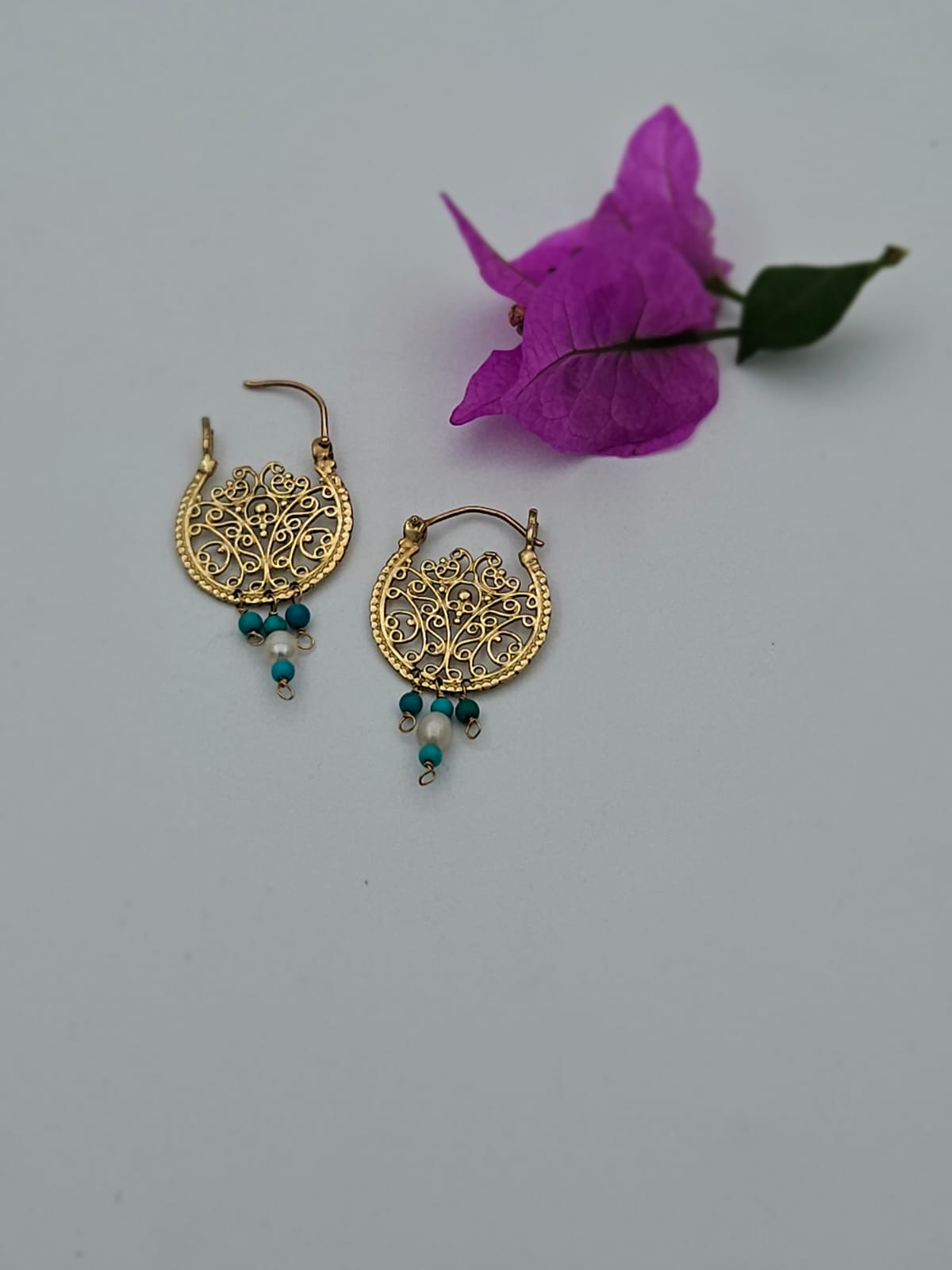 14K Gold Filigree Hoop Earrings with Turquoise Stones and Pearl