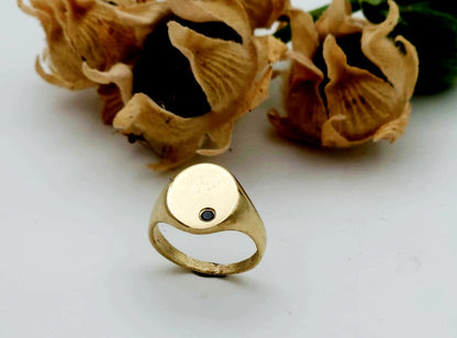 14K Gold Signet Ring Set with a Black Diamond