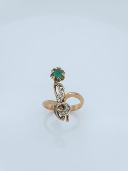Vintage 14K Rose and White Gold Ring Set with Emerald and Diamonds