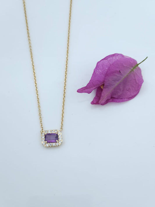 14K Gold Necklace with Diamonds and Amethyst Stone