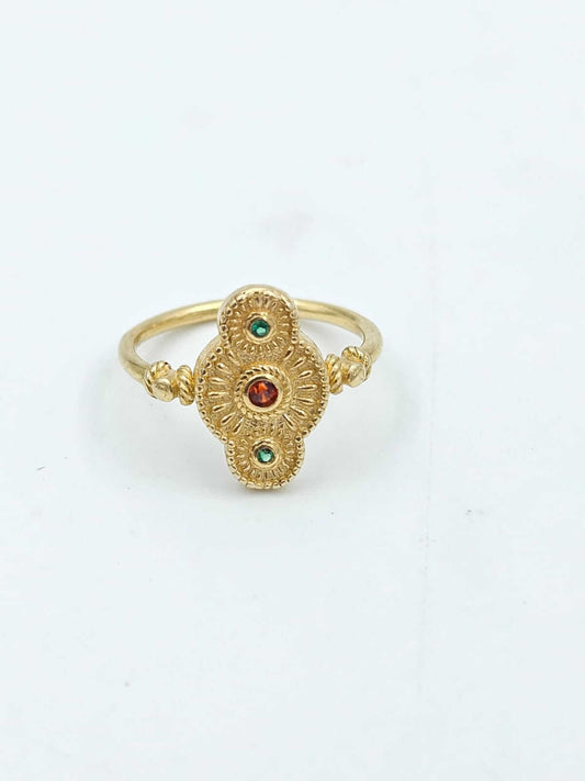 Antique-style 14-karat gold ring set with rubies and emeralds