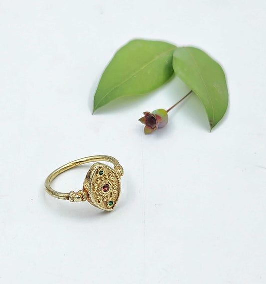 Antique Style 14K Gold Ring with Leaf Motifs, Ruby and Emerald