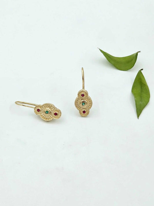 Antique Style 14K Gold Earrings with Ruby and Emerald
