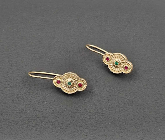 Antique Style 14K Gold Earrings with Ruby and Emerald