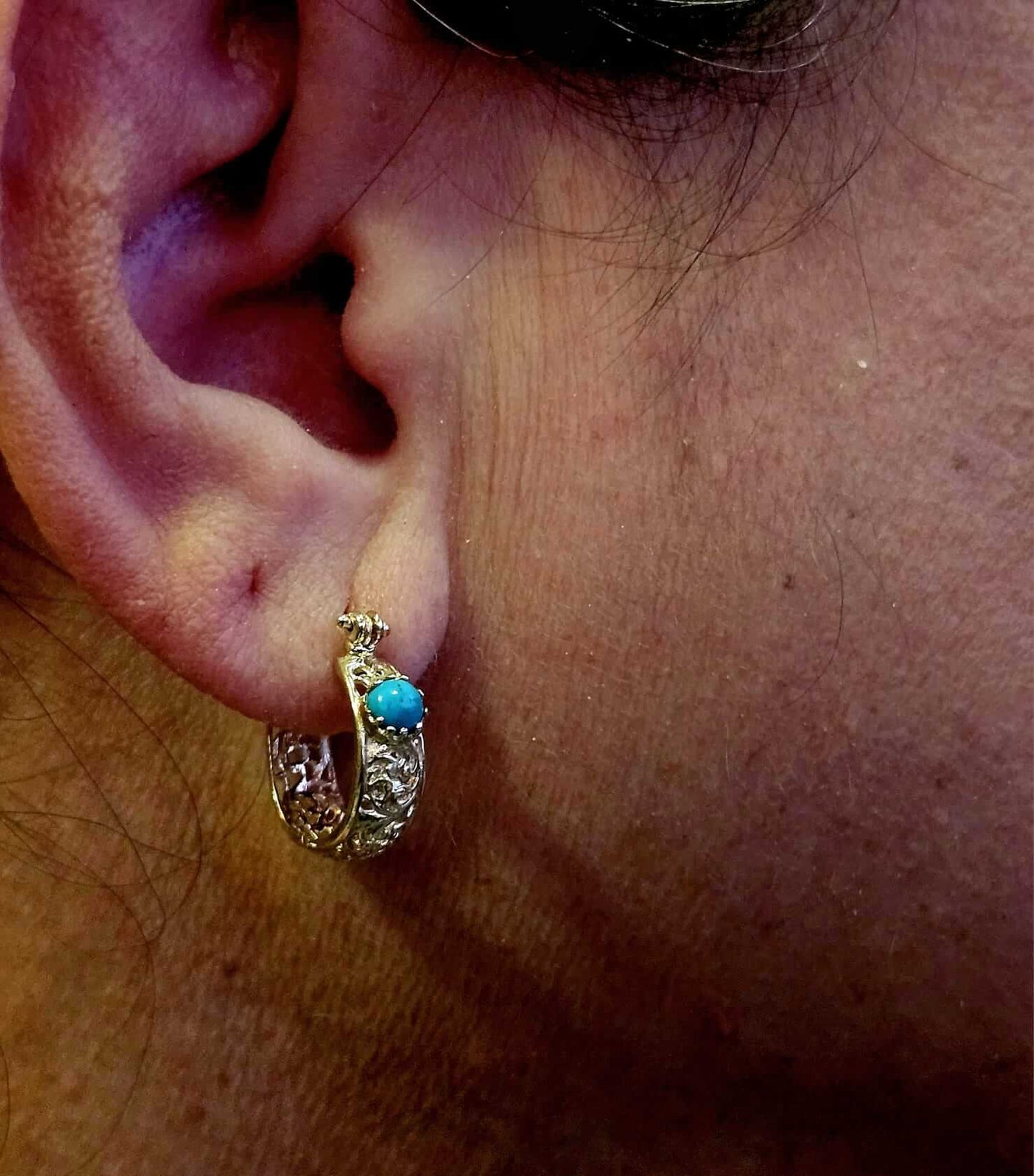 14K Gold Turquoise Gypsy Hoop Earrings