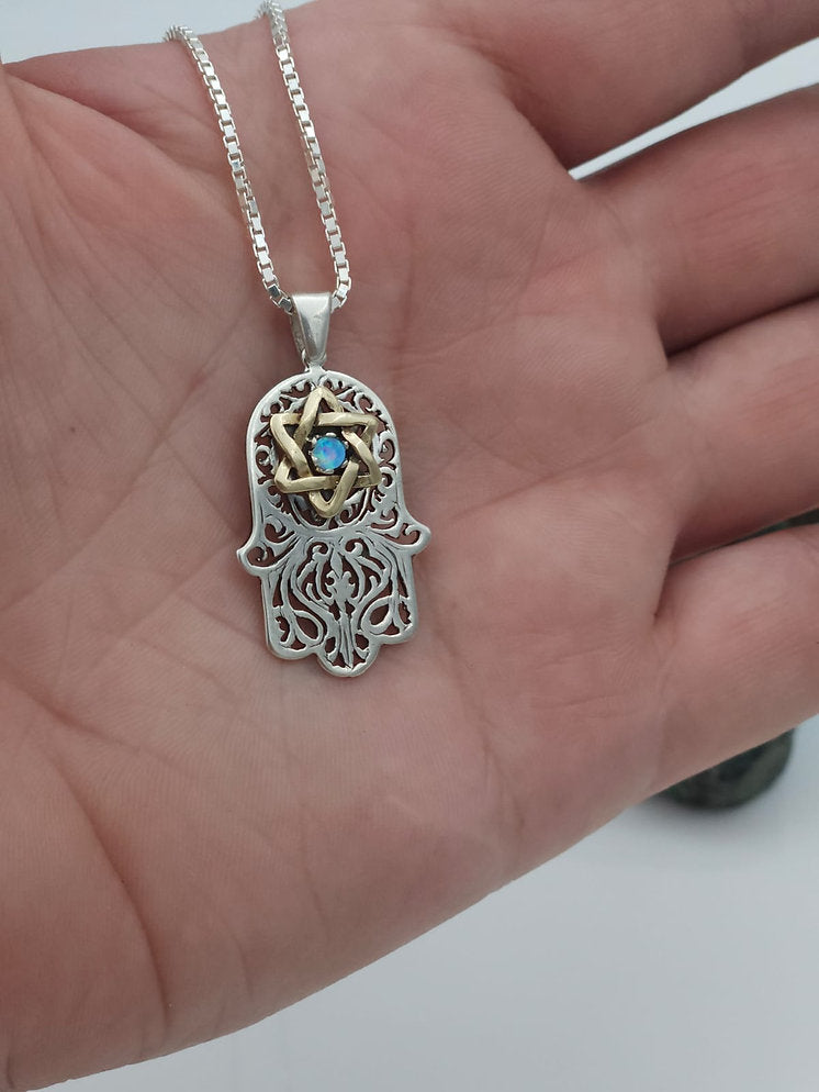 Hamsa Pendant in Silver with 14K Gold and Opal