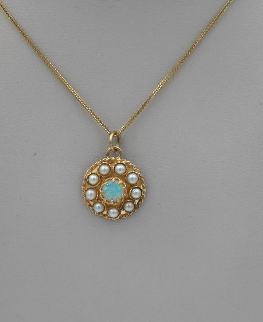 Antique style 14k gold necklace and pendant with pearls and white opal